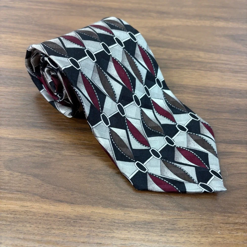 Pierre Balmain Couture Silk Tie‎ Geometric Abstract Burgundy Silver Black USA
